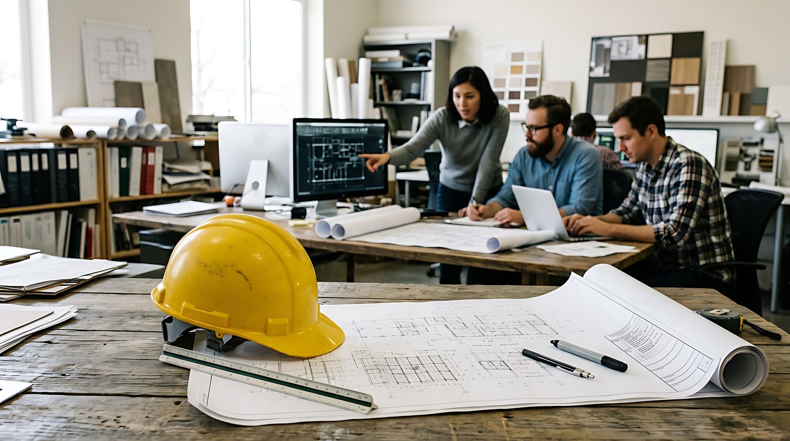 Equipo de ingeniería analiza planos técnicos en oficina